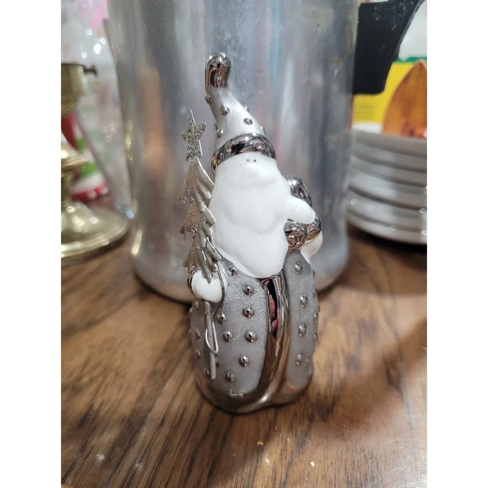 Pier 1 Ceramic Silver & White Santa Figurine Holding Tree - Original box